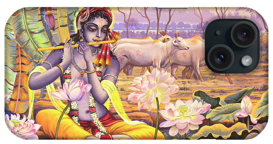 Krishna iPhone Case featuring the painting Krishna. Evening flute by Vrindavan Das