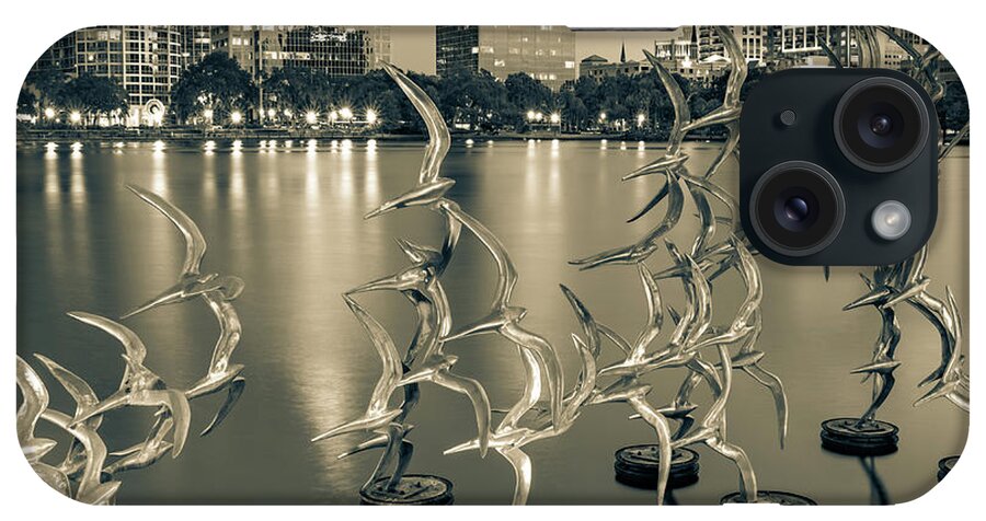 Orlando Skyline iPhone Case featuring the photograph Lake Eola Take Flight Sculptures and Orlando Florida Skyline - Sepia 1x1 by Gregory Ballos