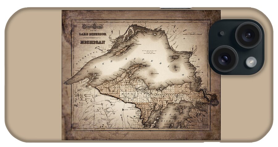 Lake Superior iPhone Case featuring the photograph Lake Superior and Northern Michigan Vintage Map 1873 Sepia by Carol Japp