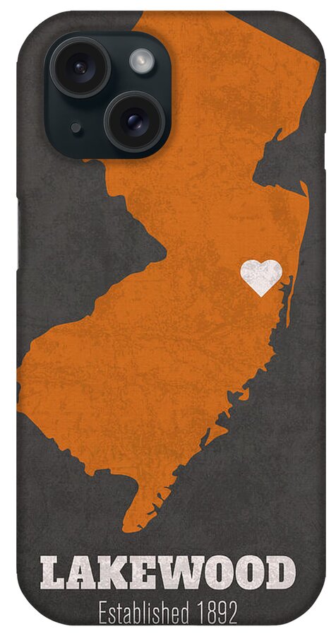 Lakewood iPhone Case featuring the mixed media Lakewood New Jersey City Map Founded 1892 Princeton University Color Palette by Design Turnpike