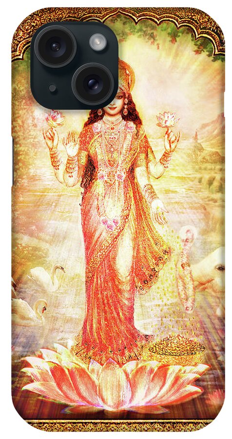 Goddess iPhone Case featuring the mixed media Lakshmi Goddess of Fortune with lighter frame by Ananda Vdovic