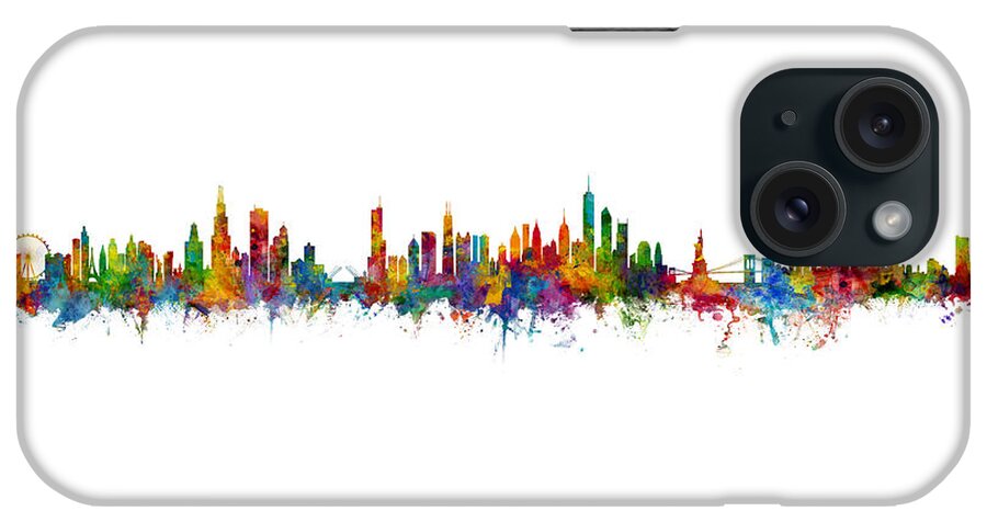 Las Vegas iPhone Case featuring the digital art Las Vegas, Chicago, New York and Detroit Skylines Mashup by Michael Tompsett