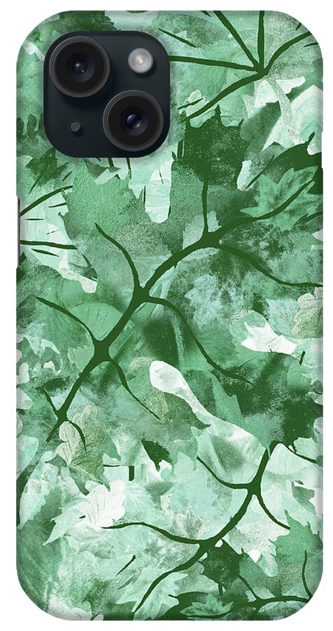 Teal Gray Leaves iPhone Case featuring the painting Leaves Serenade Organic Nature Teal Gray Monochrome Watercolor III by Irina Sztukowski