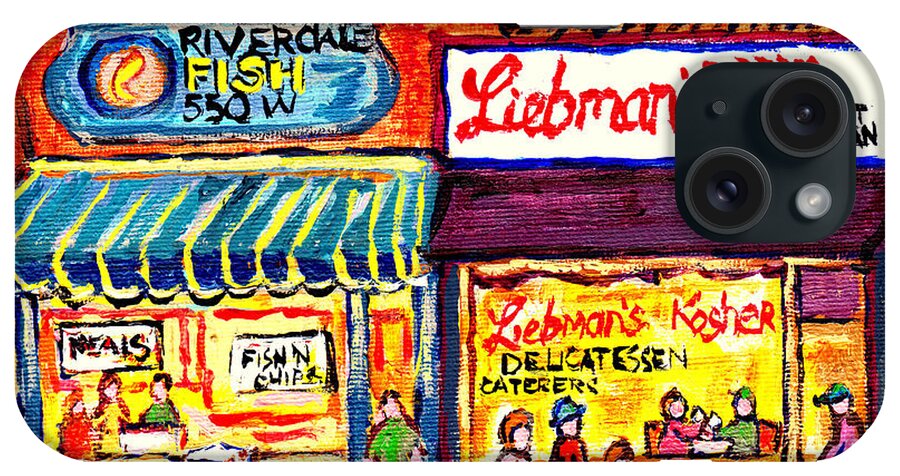 Riverdale Fish Market iPhone Case featuring the painting Liebman's Kosher Deli Nyc Bronx Foodtown Riverdale Fish Best Seafood Market C Spandau Paints Usa Art by Carole Spandau
