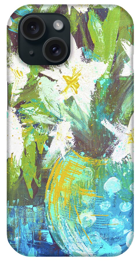 Lilies iPhone Case featuring the painting Lilies in Teal Polka Dots by Joanne Herrmann