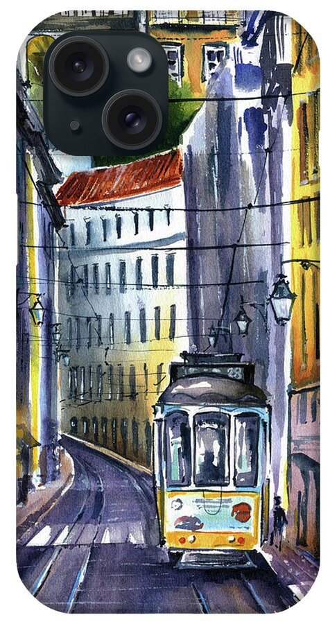 Lisbon iPhone Case featuring the painting Lisbon Yellow Tram Painting by Dora Hathazi Mendes