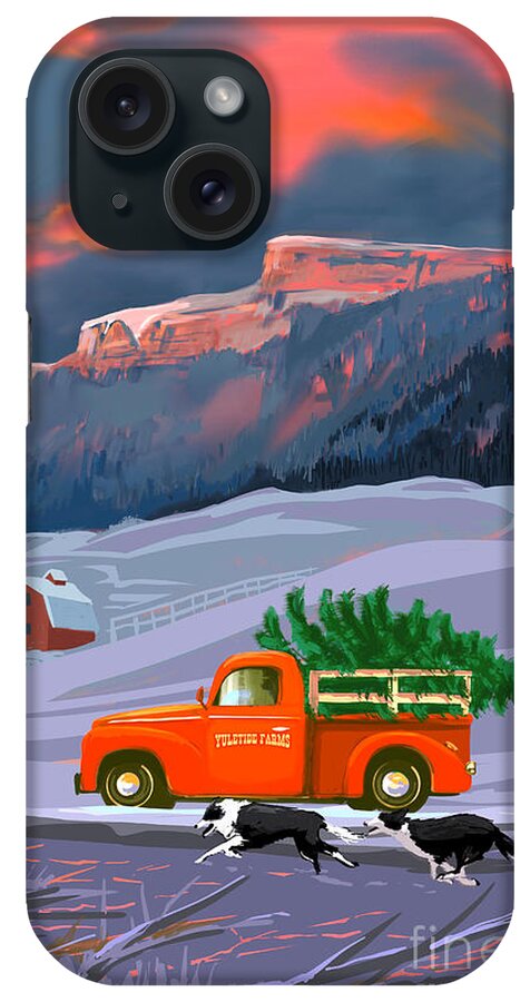 Little Red Truck Hauling A Christmas Tree iPhone Case featuring the painting Little Red Truck Hauling a Christmas Tree by Sassan Filsoof
