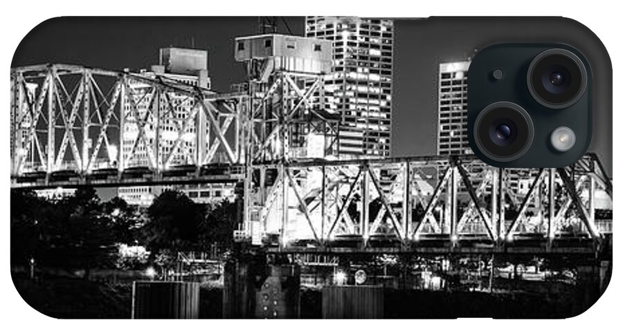 Little Rock iPhone Case featuring the photograph Little Rock Junction Bridge And Skyline Panorama In Black And White by Gregory Ballos