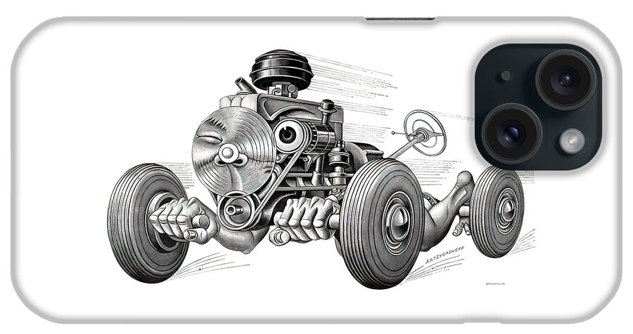1950s iPhone Case featuring the drawing Living Machine speeding chassis ca. 1950, part of a series by Boris Artzybasheef