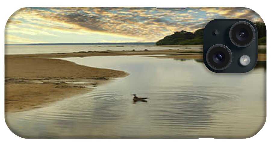 Photography #wide Format Photography #nature Photography #serenity#lonely Duck #panoramic View#reflection In Water #latvia iPhone Case featuring the photograph Loneliness And Serenity In Wide Range Photography by Aleksandrs Drozdovs