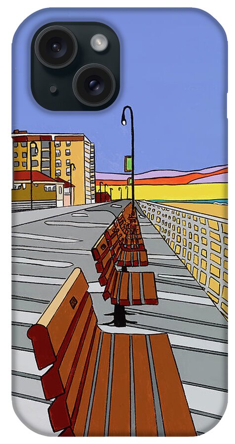 Long Beach Boardwalk Long Island Ocean Atlantic iPhone 15 Case featuring the painting Long Beach Boardwalk Sunrise by Mike Stanko