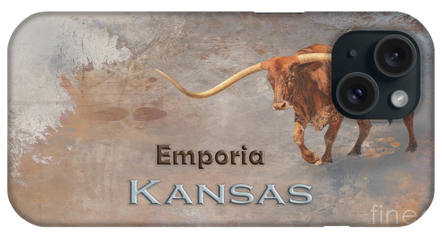 Emporia iPhone Case featuring the mixed media Longhorn Bull Emporia Kansas by Elisabeth Lucas