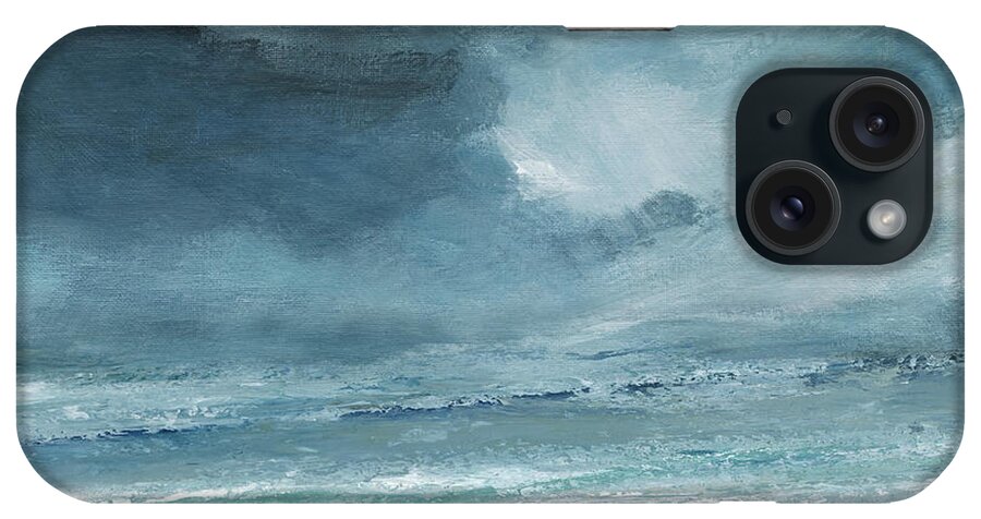 Blue Gray Tan White Cream Seascape Waves Beach Coastal Contemporary Sky And Cloudscape iPhone Case featuring the painting Lost Horizon by Carol Robinson