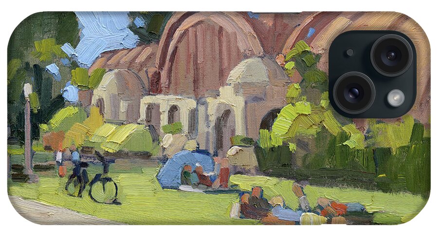 Botanical Building iPhone Case featuring the painting Lounging at the Botanical Building - Balboa Park, San Diego, California by Paul Strahm