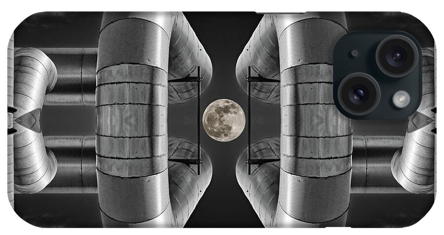 Lunar iPhone Case featuring the photograph Lunaroyal - mirrored Uniroyal Building Industrial ductting with full moon - wide version by Peter Herman