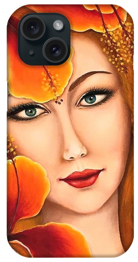 Wall Art Portrait Woman Face Beautiful Face Young Girl Oil Painting Original Art Picture Wall Art Painting Art For The Living Room Office Decor Gift Idea Orange Flowers Big Flowers Home Décor iPhone Case featuring the painting Lyudmila by Tanya Harr