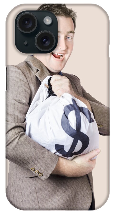Money iPhone Case featuring the photograph Man holding large sum of money in bank deposit bag by Jorgo Photography