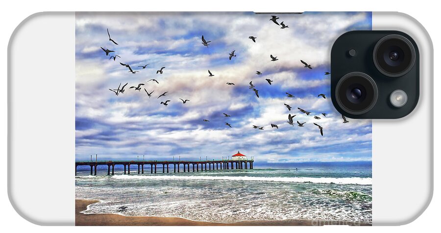 Gulls iPhone Case featuring the photograph Manhattan Beach Pier And Seagulls, Sunrise, California by Don Schimmel