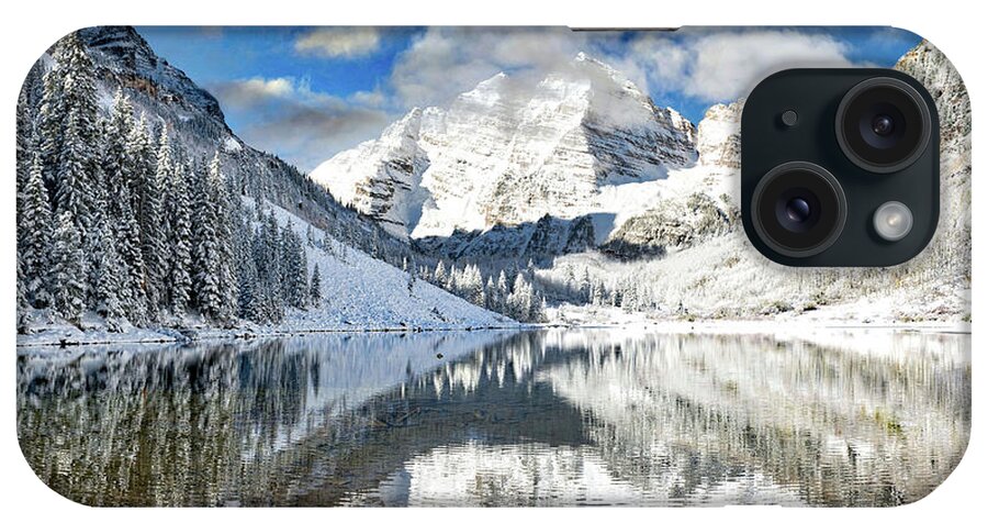 Colorado iPhone Case featuring the photograph Snow covered Maroon Bells in Aspen, Colorado. by Lena Owens - OLena Art Vibrant Palette Knife and Graphic Design