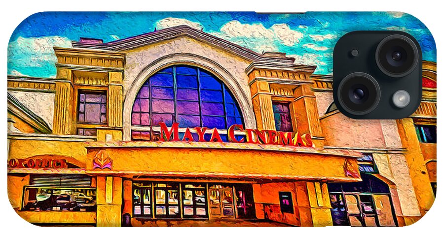 Maya Cinemas iPhone Case featuring the digital art Maya Cinemas building in downtown Salinas, California - digital painting by Nicko Prints