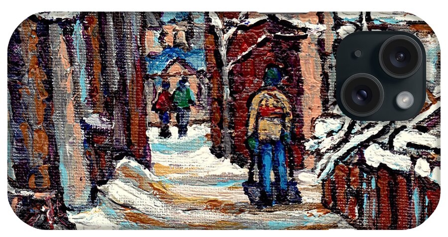 Montreal iPhone Case featuring the painting Mcgill University Winter Walk Snowy Staircase Steps Best Montreal Streetscene Painting C Spandau Art by Carole Spandau