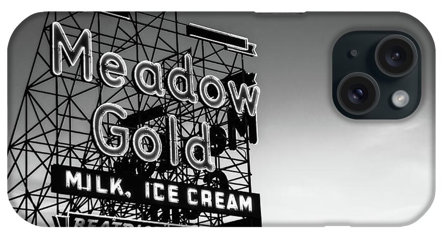 Tulsa Meadow Gold Neon iPhone Case featuring the photograph Meadow Gold Neon Panorama Along Tulsa's Route 66 - Black and White by Gregory Ballos
