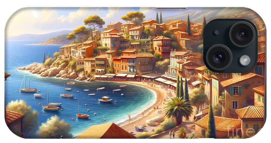 Mediterranean iPhone Case featuring the digital art Mediterranean Seaside Town, A charming seaside town on the Mediterranean coast by Jeff Creation