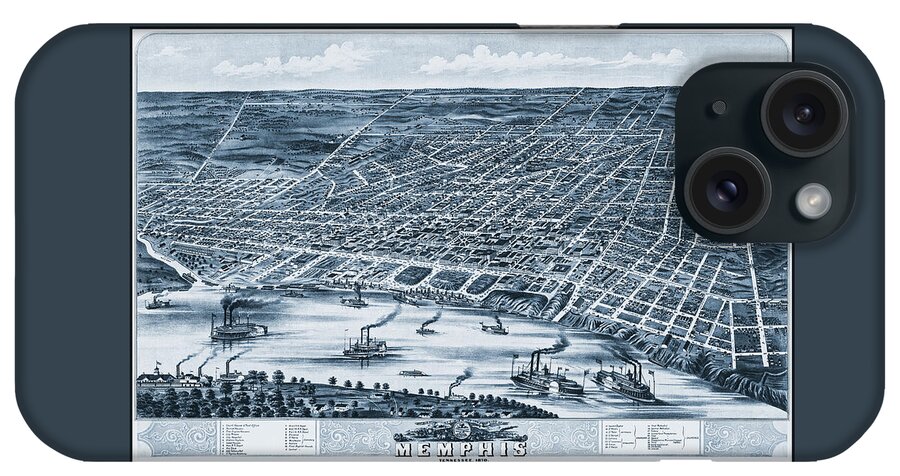 Memphis iPhone Case featuring the photograph Memphis Tennessee Birds Eye View Antique Map 1870 Blue by Carol Japp
