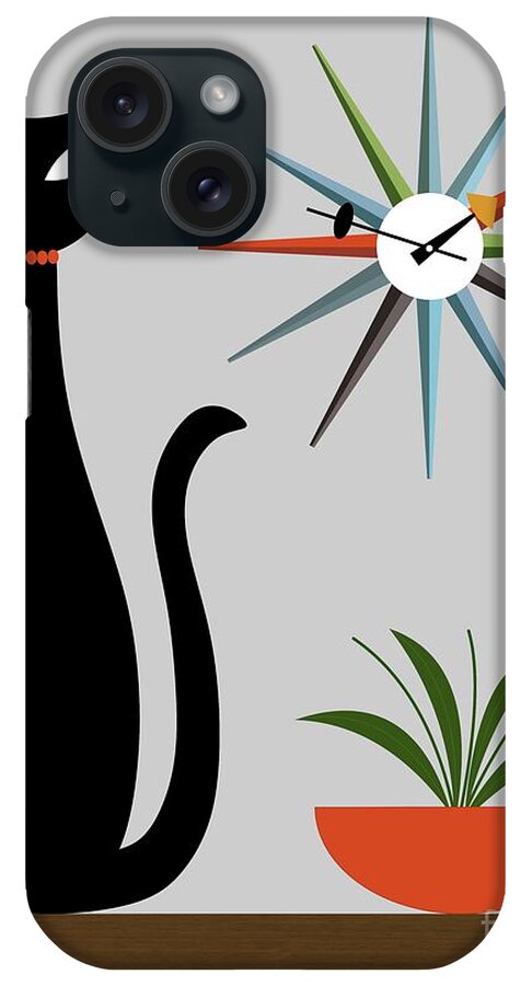 Mid Century Cat iPhone Case featuring the digital art Mid Century Cat with Starburst Clock on Gray by Donna Mibus
