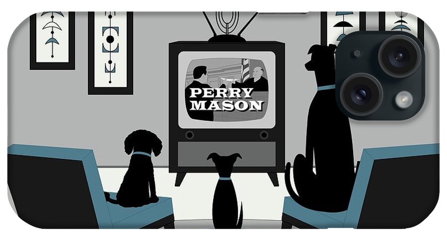 Black Dogs iPhone Case featuring the digital art Mid Century Dogs Watch Perry Mason by Donna Mibus