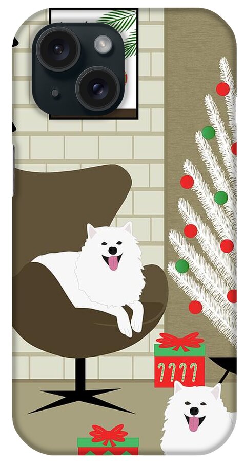 Mid Century Modern iPhone Case featuring the digital art Mid Century Holiday Room with Two White Dogs by Donna Mibus