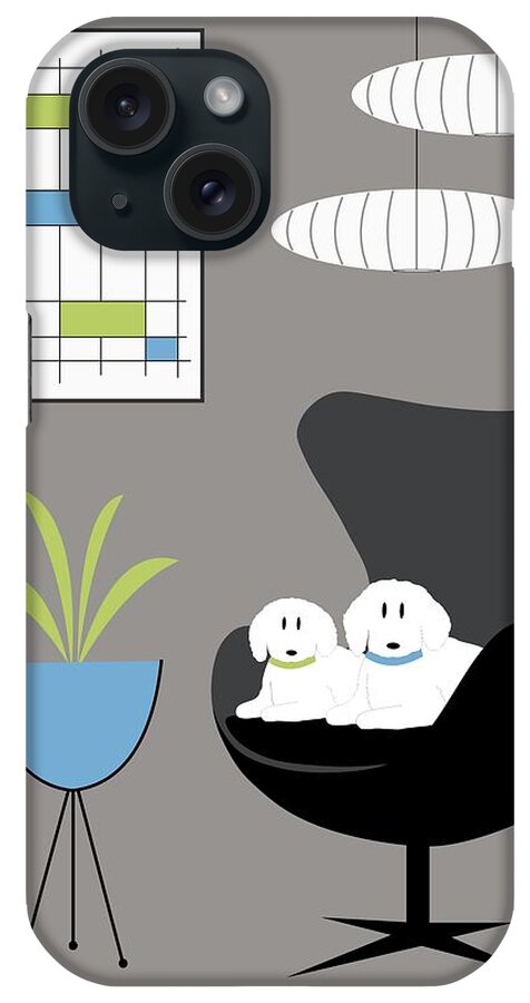 Mid Century Modern iPhone Case featuring the digital art Mid Century White Dogs in Black Egg Chair by Donna Mibus