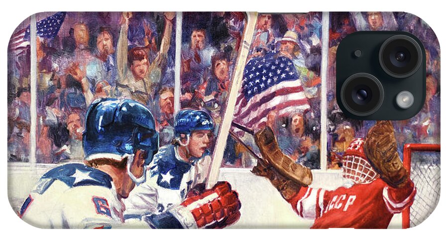 Dennis Lyall iPhone Case featuring the painting Miracle On Ice - USA Olympic Hockey Wins Over USSR by Dennis Lyall