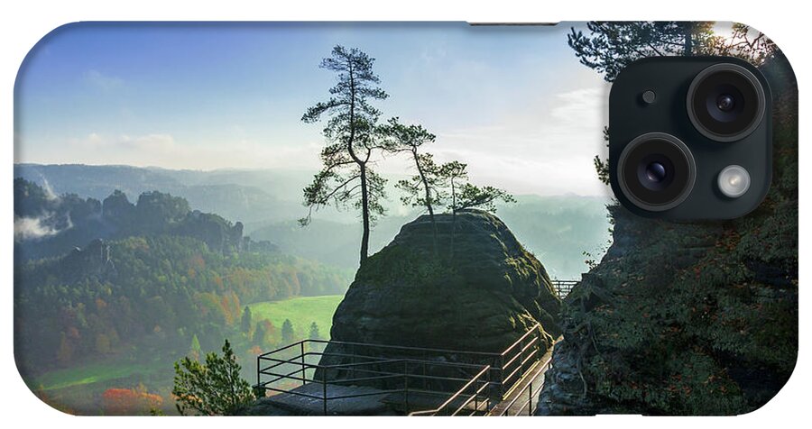 Saxon Switzerland iPhone Case featuring the photograph Misty sunrise on Neurathen Castle by Sun Travels