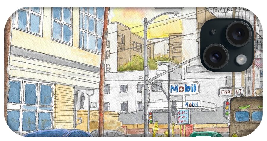 Mobil Gasoline Station iPhone Case featuring the painting Mobil Gas Station, Sunset Blvd, Hollywood, California by Carlos G Groppa
