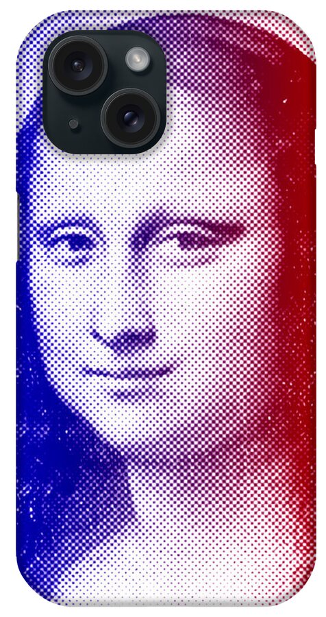 Mona Lisa iPhone Case featuring the digital art Mona Lisa - blue and red halftone pattern by Nicko Prints