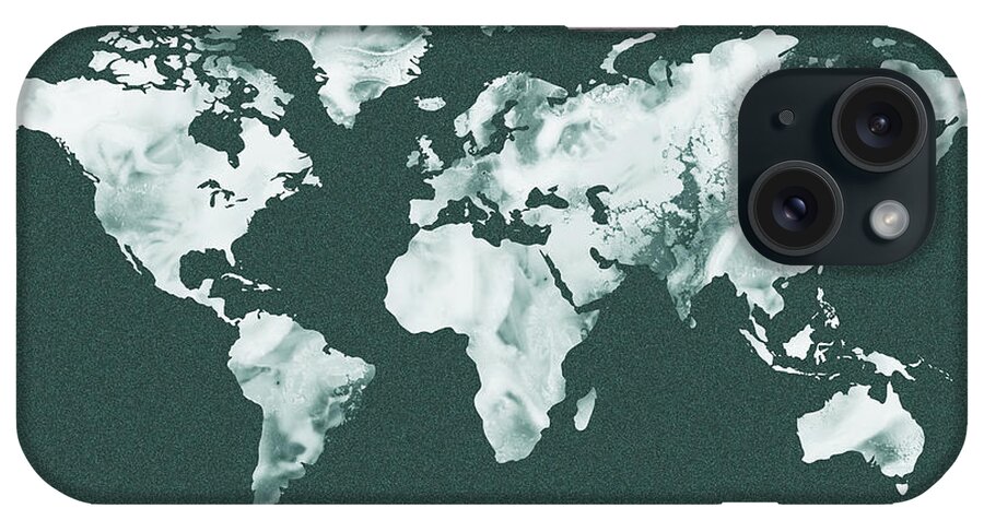 World Map iPhone Case featuring the painting Monochromatic Teal Gray Watercolor World Map by Irina Sztukowski