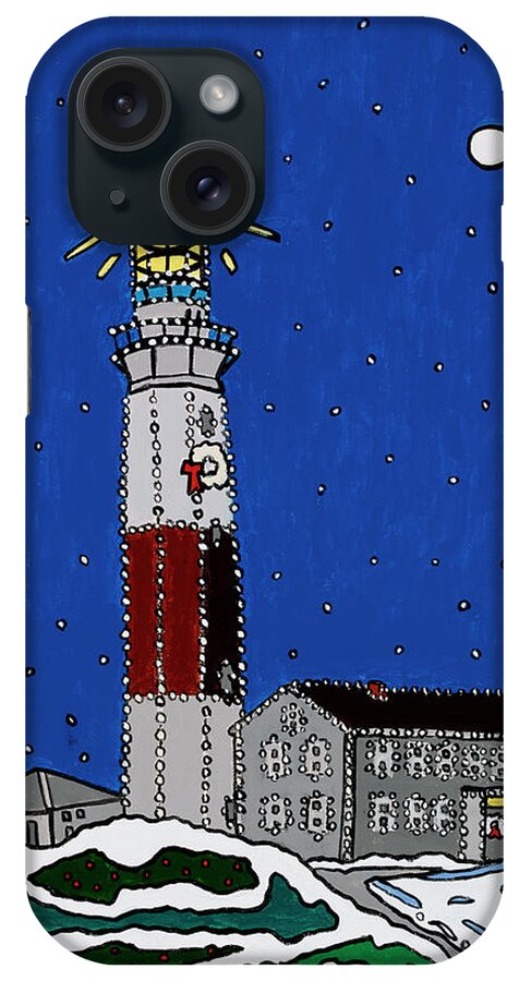 Montauk Lighthouse Christmas iPhone Case featuring the painting Montauk Christmas Lights by Mike Stanko