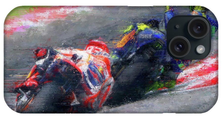 Motorcycle iPhone Case featuring the painting MOTO GP Rossi vs Marquez by Vart by Vart