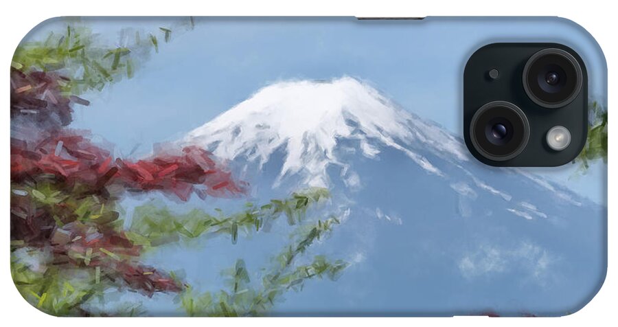 Mt. Fuji iPhone Case featuring the painting Mount Fuji and Red and Green Leaves by Gary Arnold