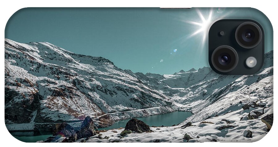 Glacier iPhone Case featuring the photograph Mountain lake and snow-capped mountains in Valais, Switzerland. by Benoit Bruchez