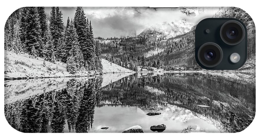 Maroon Bells iPhone Case featuring the photograph Mountain Peak Reflections of Maroon Bells - Aspen Colorado Monochrome by Gregory Ballos