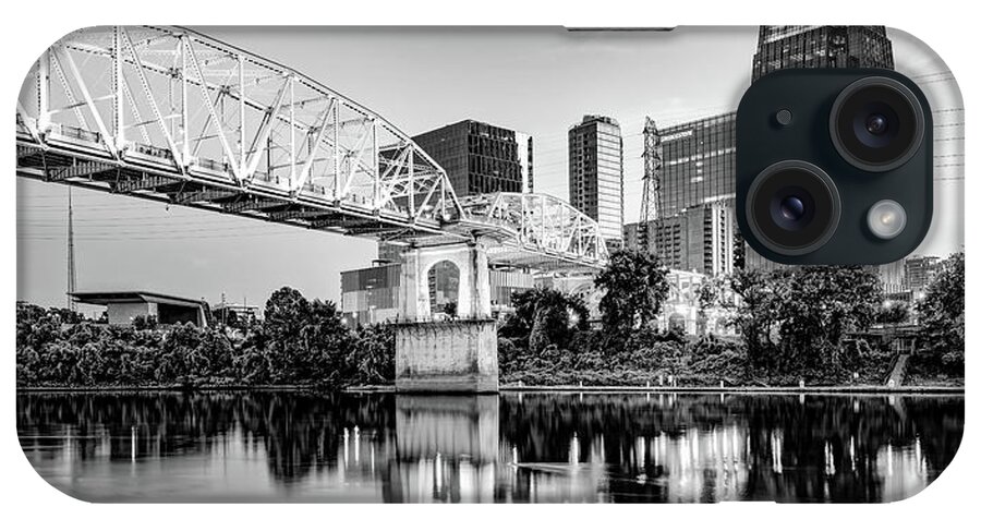 Cumberland River iPhone Case featuring the photograph Nashville's Pedestrian Bridge Over The Cumberland River Panorama - Black and White by Gregory Ballos