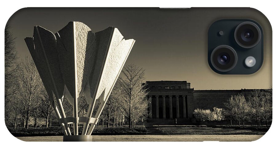 Infrared Shuttlecock iPhone Case featuring the photograph Nelson Atkins Museum Shuttlecock Sepia Landscape by Gregory Ballos
