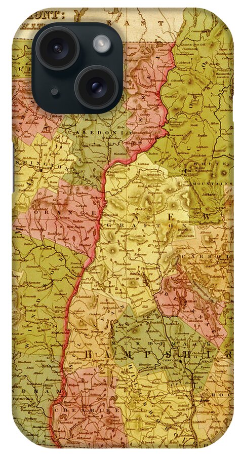 New Hampshire iPhone Case featuring the drawing New Hampshire and Vermont 1844 by Vintage Maps