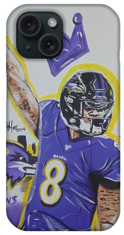 Lamar Jackson iPhone Case featuring the painting New King of Baltimore by Antonio Moore
