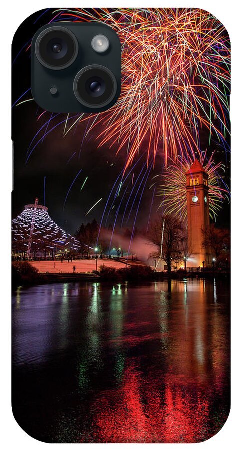2020 Spokane Fireworks Clock Tower Pavilion River Reflections Eastern Washington iPhone Case featuring the photograph New Years Eve in Spokane by James Richman