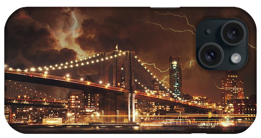  Downtown iPhone Case featuring the photograph Lightning over the Brooklyn Bridge by Montez Kerr