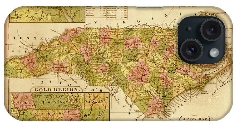 North Carolina iPhone Case featuring the drawing North Carolina 1844 by Vintage Maps