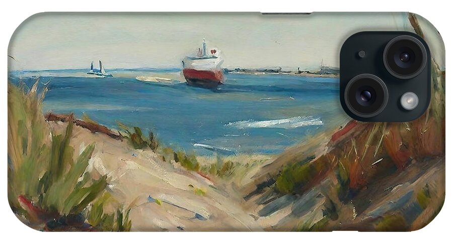 Sand iPhone Case featuring the painting North sea dunes Painting sand sea seascape dunes landscape adven by N Akkash
